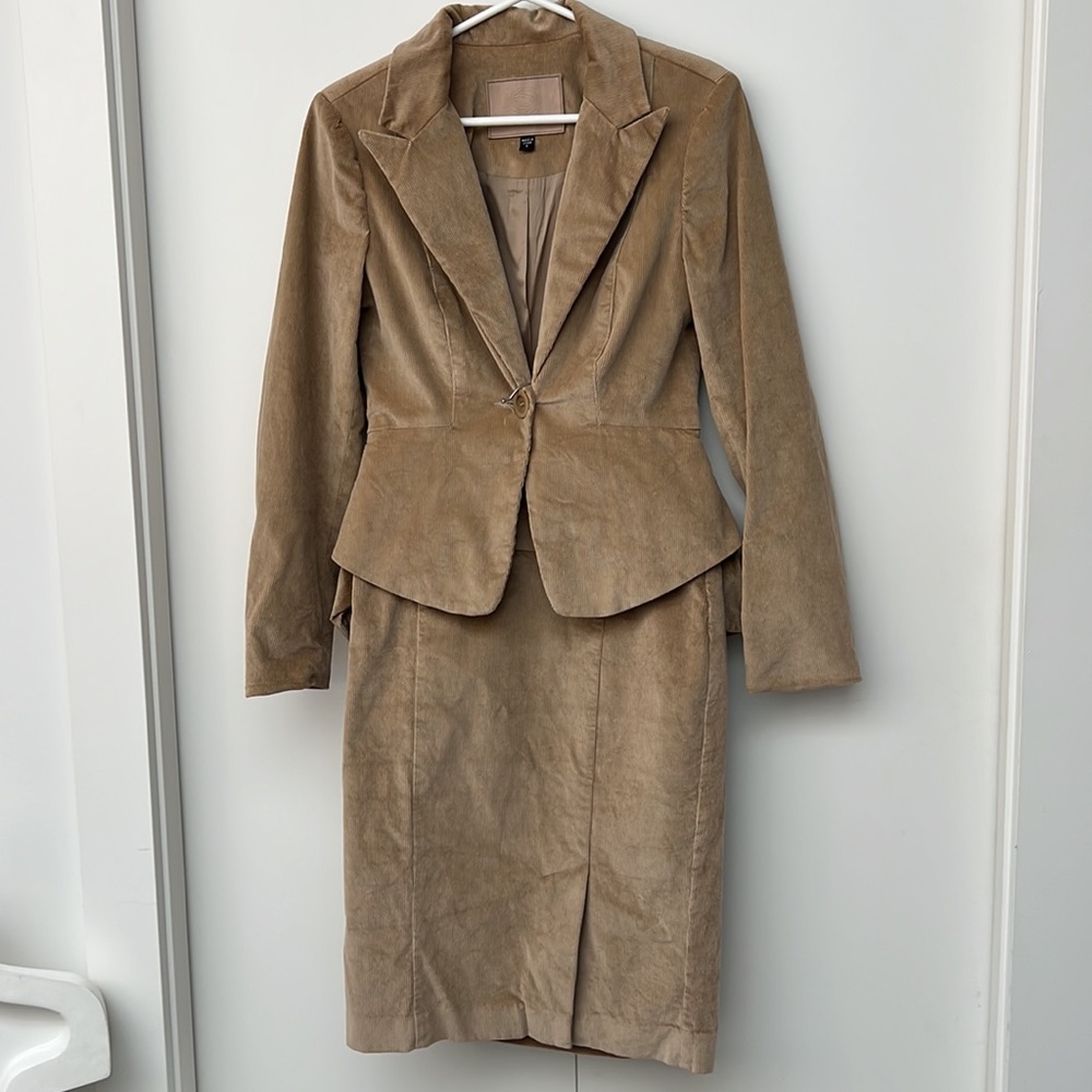 BEBE Corduroy Tan Peplum Ruffle Blazer Skirt Suit